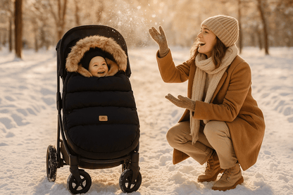 bébé dans chancelière poussette cozywinter  maman joue avec bébé en lançant la neige à coté de la poussette au parc
