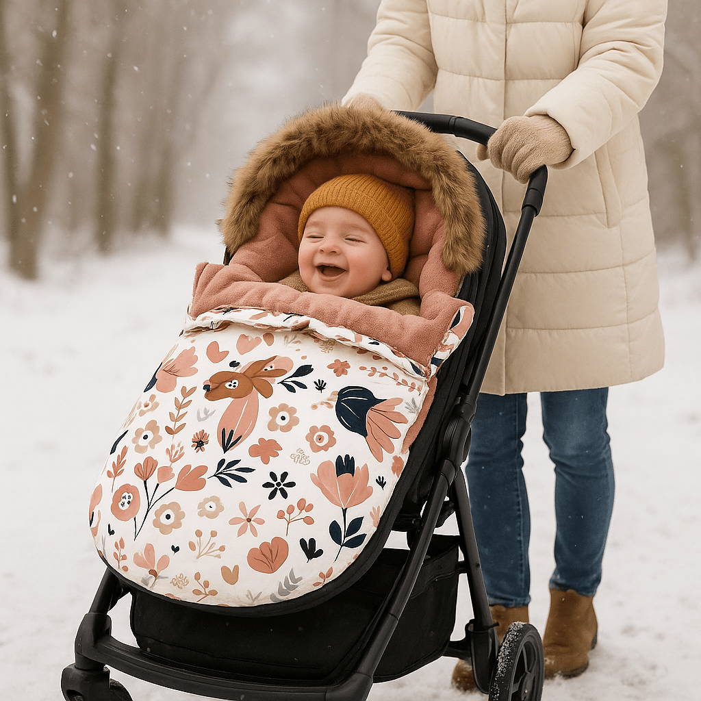 bébé dans la  chancelière hivenale comfybaby avec maman qui pousse la poussette dehors la neige tombe