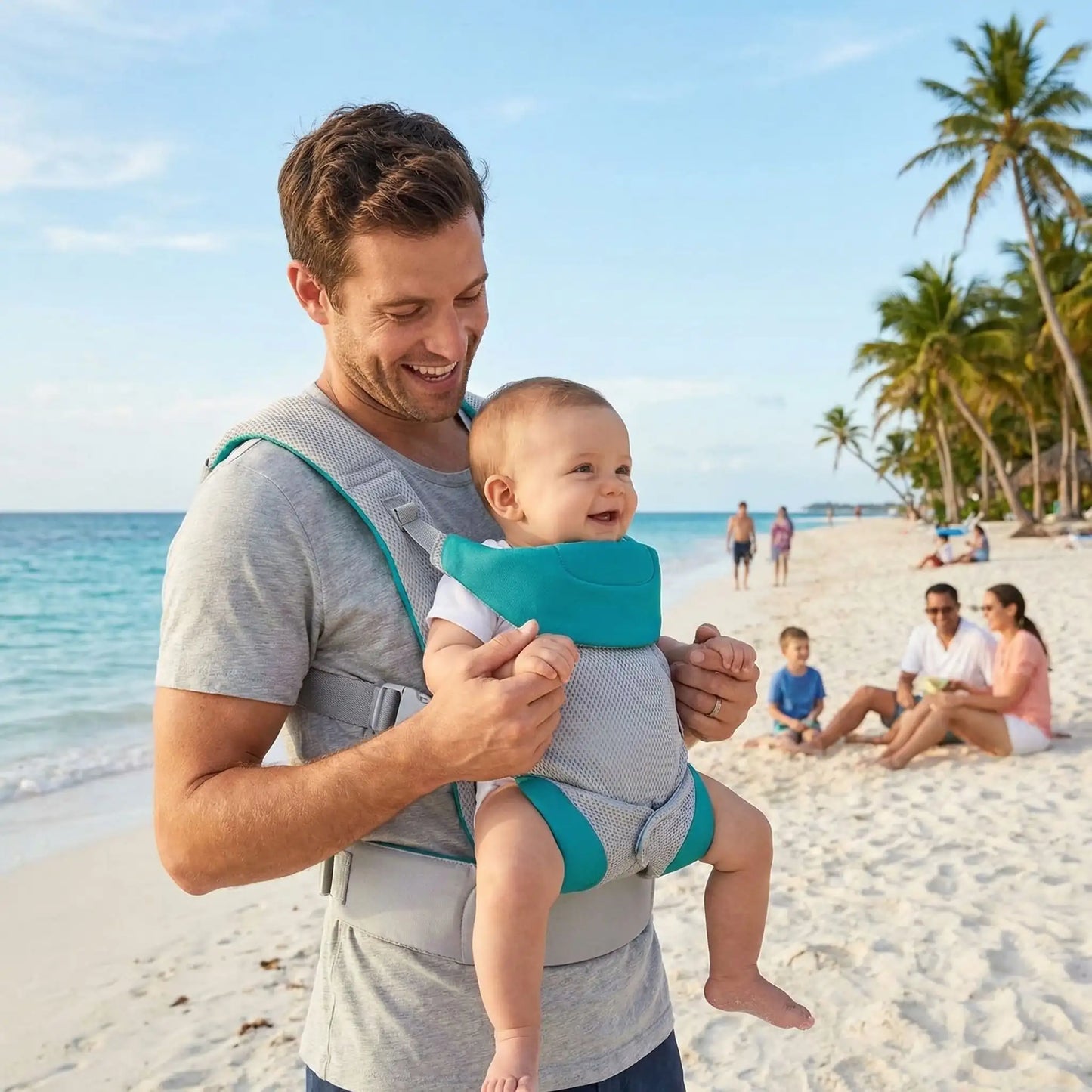 bébé dans porte bébé physiologique comfort sur la plage avec papa