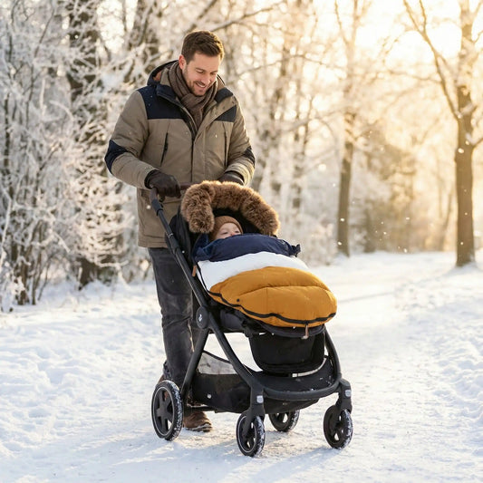 bébé dans poussette chanceliere cocon polaire avec papa