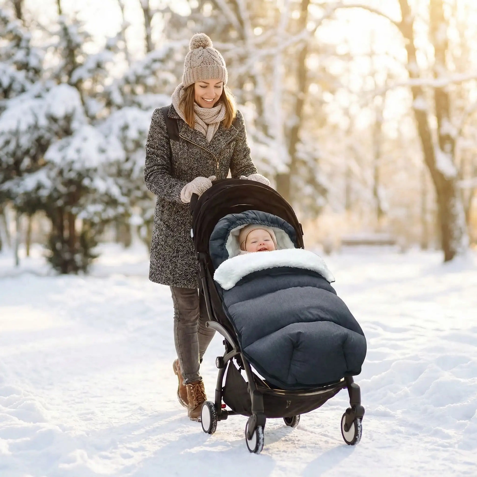 bébé dans poussette chancelière coupe-vent hivernale avec maman au parc