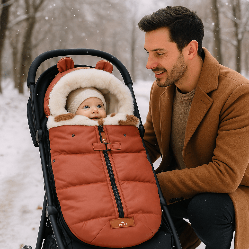 bébé dans poussette chancelière thermococon universel avec papa  au parc 