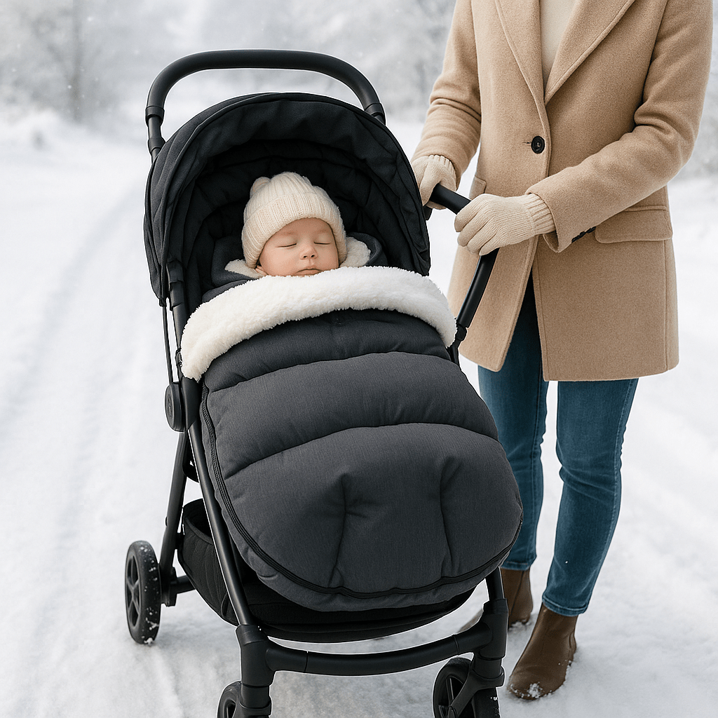 bébé dort dans chanceliere bebe coupe - vent hivernale  au poussette maman pousse la poussette dehors au parc pendant l'hiver