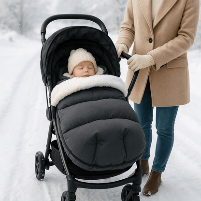 bébé dort dans chanceliere bebe coupe - vent hivernale  au poussette maman pousse la poussette dehors au parc pendant l'hiver