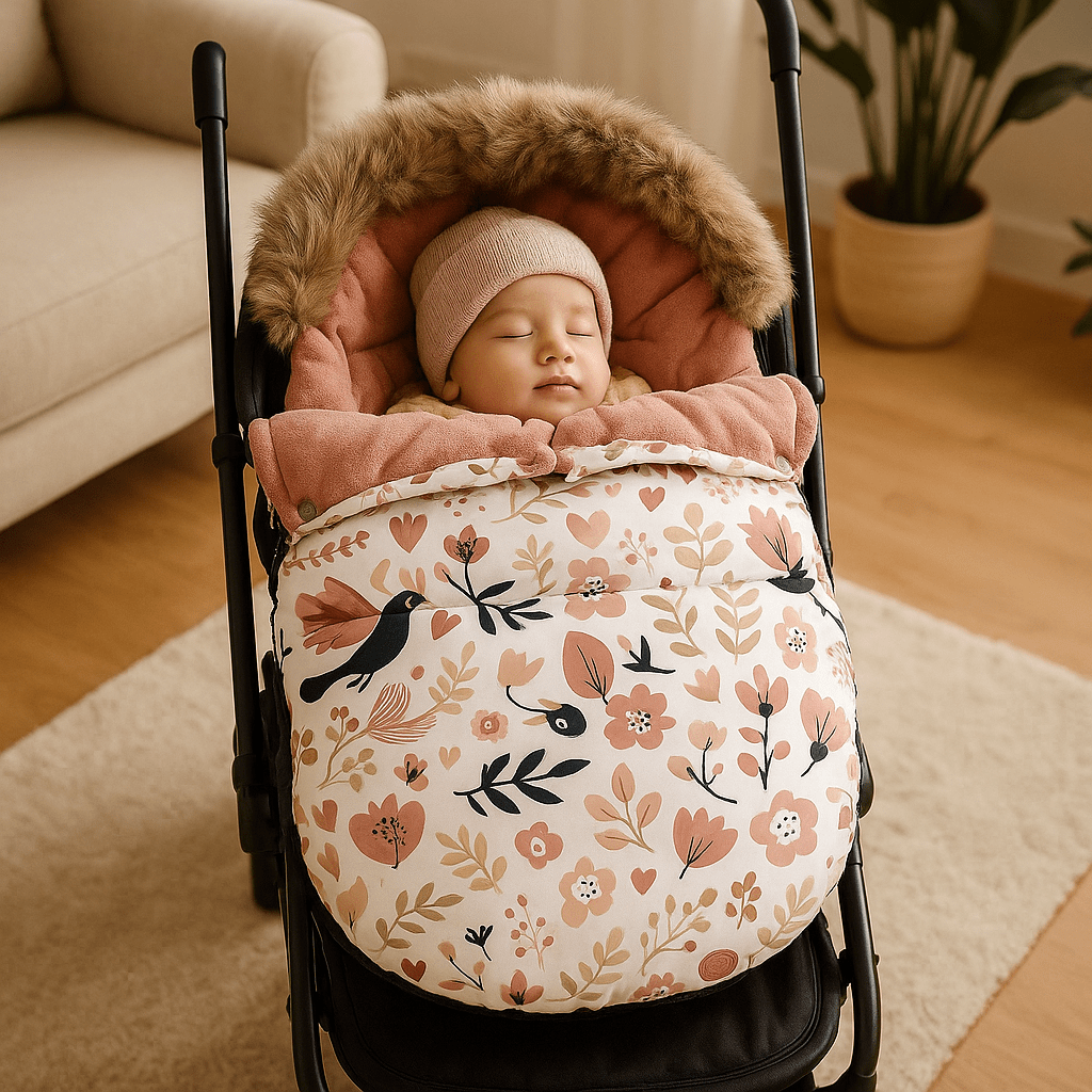 bébé dort dans chancelière hivenale comfybaby au poussette dans le salon 