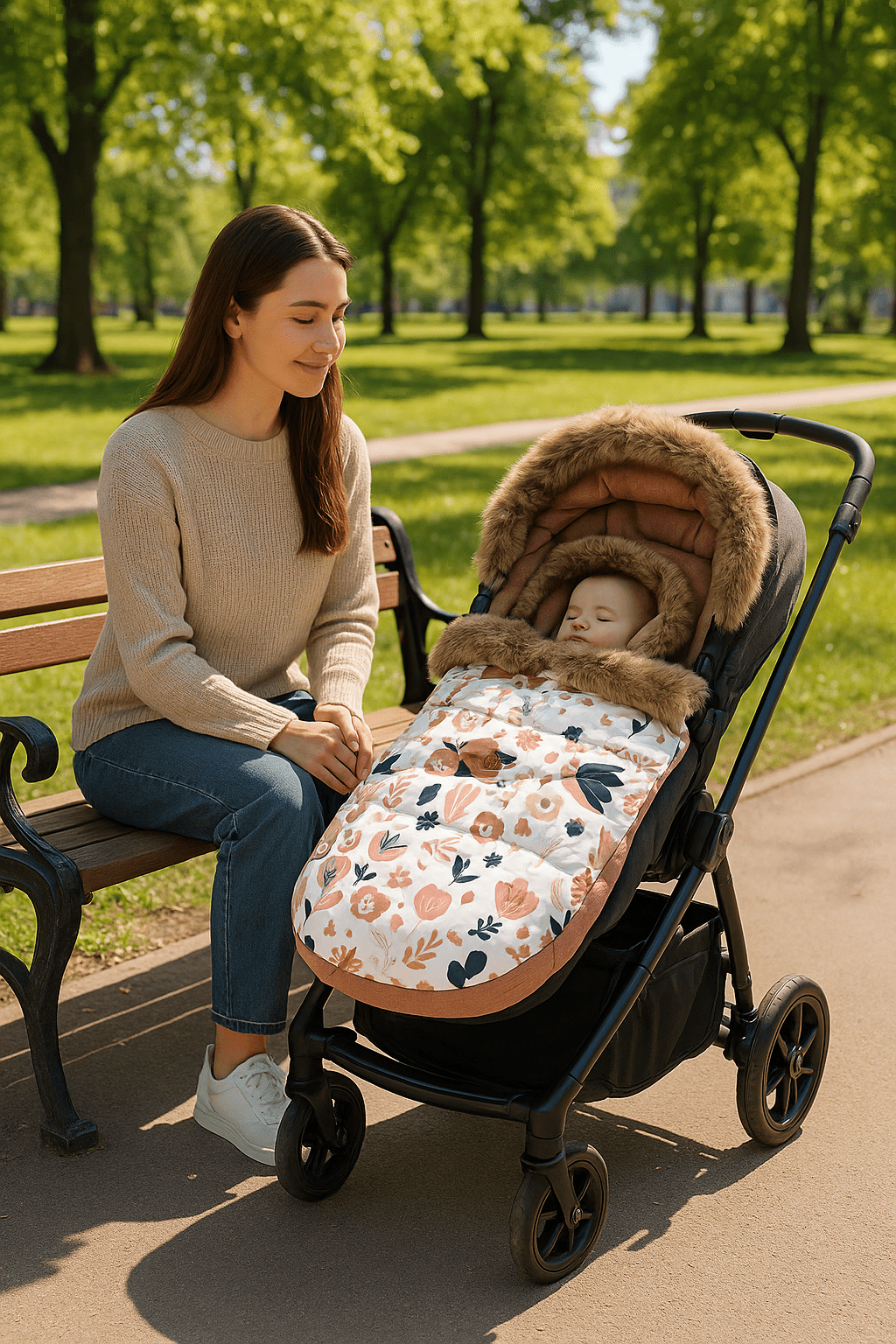  bébé dort dans chancelière hivernale comfybaby maman assise sur la chaise à coté de la poussette au parc