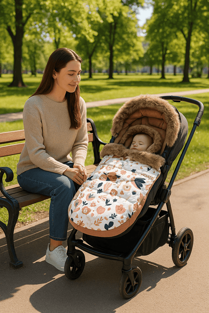  bébé dort dans chancelière hivernale comfybaby maman assise sur la chaise à coté de la poussette au parc