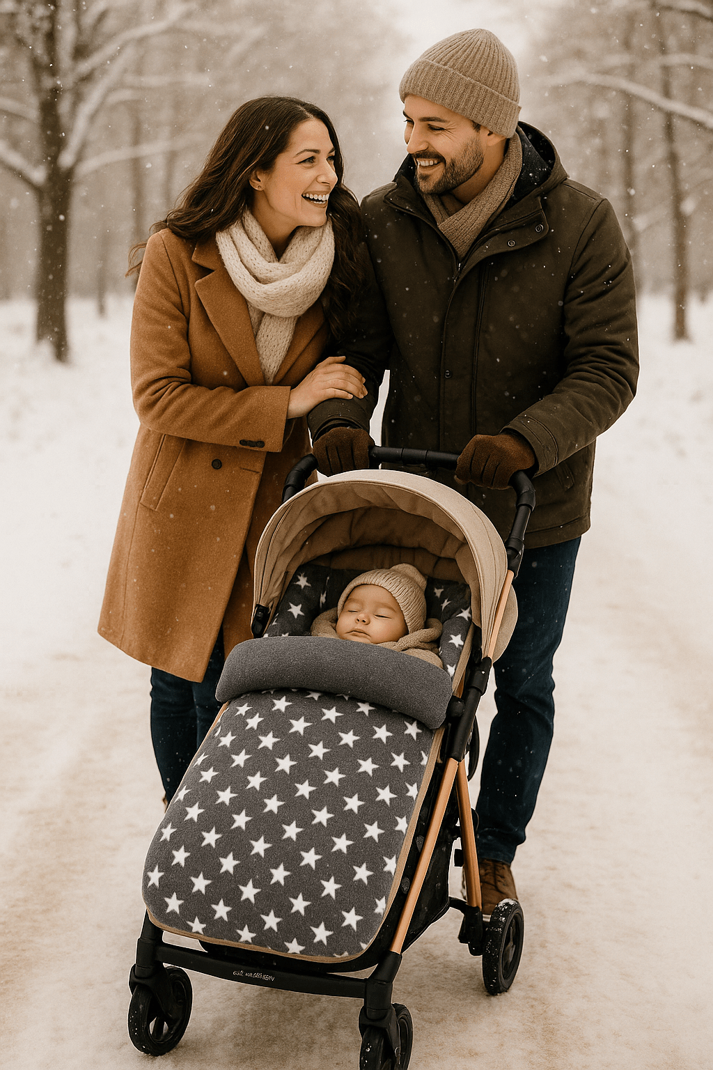 bébé dort dans la chanceliere bebe cozywarm au poussette maman et papa poussent la poussette dehors la neige tombe
