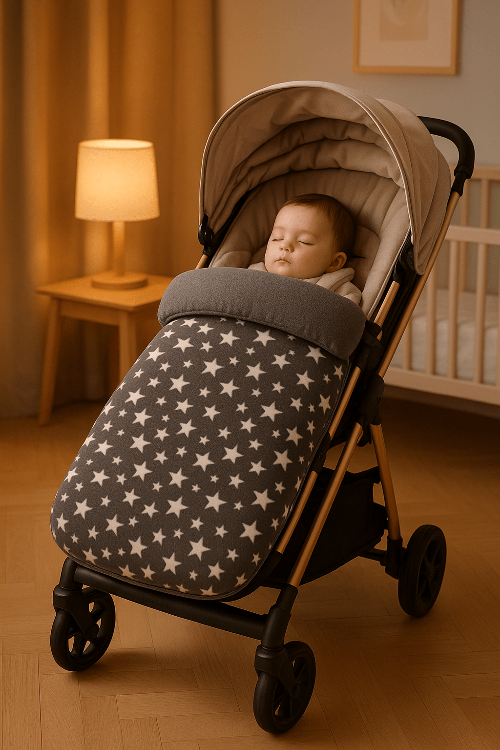 bébé dort dans la chanceliere bebe cozywarm fixée au poussette dans sa chambre