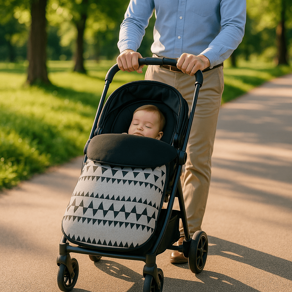 bébé dort dans la chanceliere bebe polar - cozy papa pousse la poussette au parc