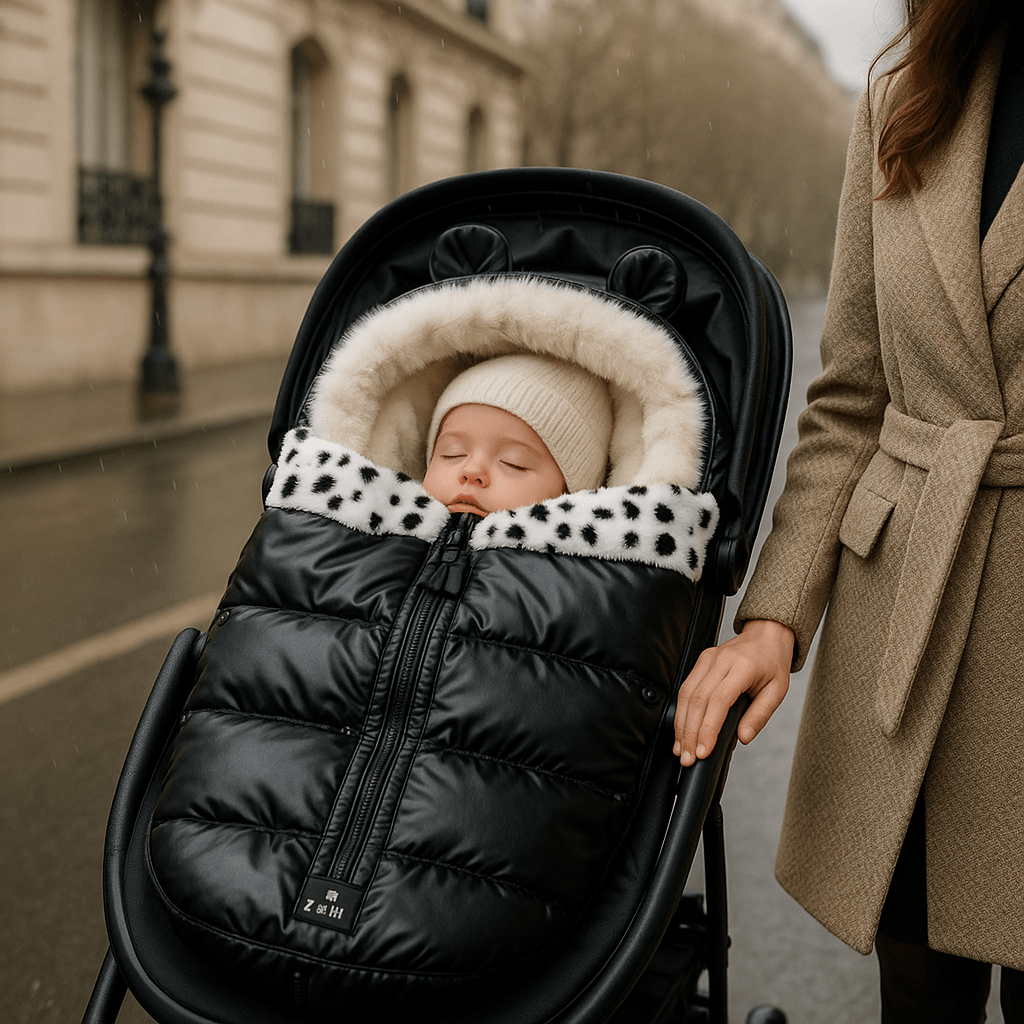 bébé dans la chanceliere bebe thermo - confort au poussette avec maman à coté de la poussette en ville