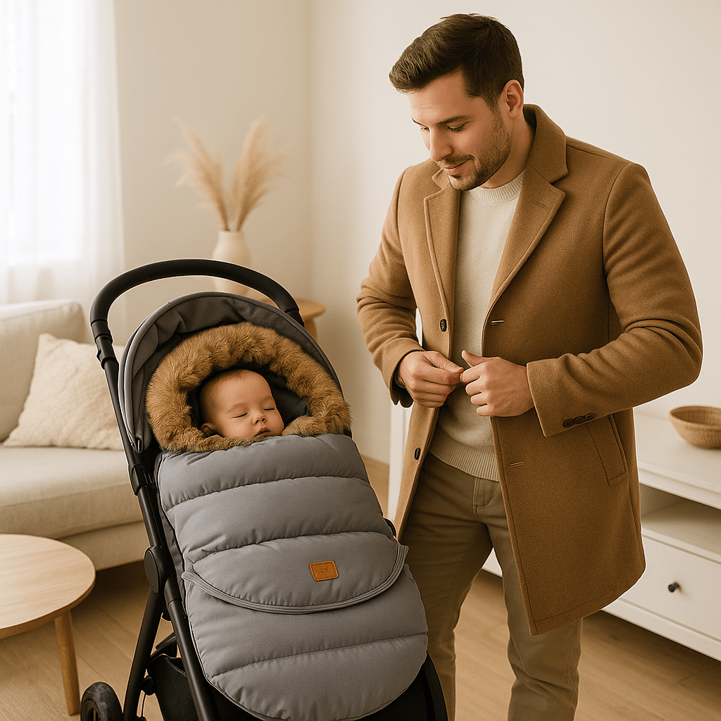 bébé dort dans la chanceliere cocon thermique universel au salon avec papa