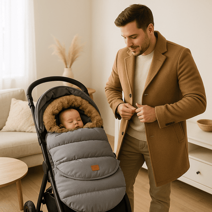 bébé dort dans la chanceliere cocon thermique universel au salon avec papa