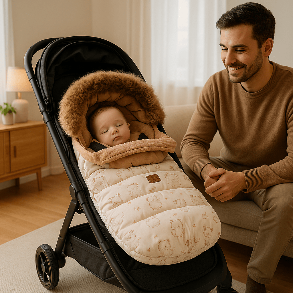 bébé dort dans la chanceliere poussette grand froid papa souriant en regardant le bébé