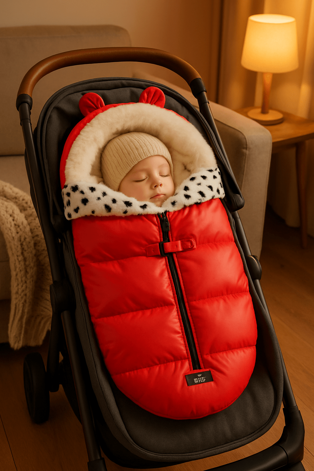 bébé dort dans poussette chancelière  thermococon universel   au salon