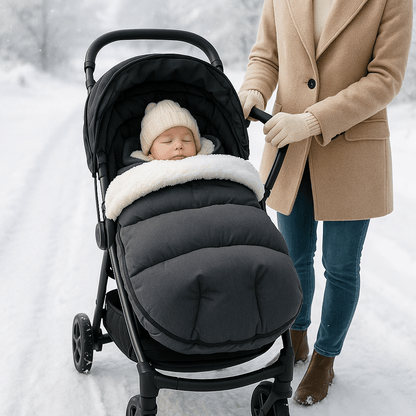 bébé dort dans poussette chancelière coupe - vent hivernale  