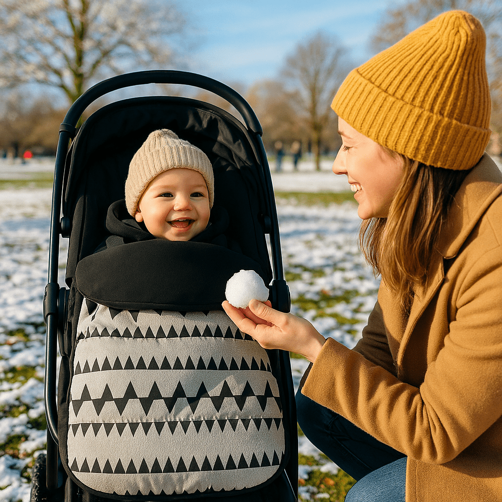 bébé éveillé dans chanceliere bebe | polar - cozy dans poussette avec maman au parc joue avec bébé dans la neige