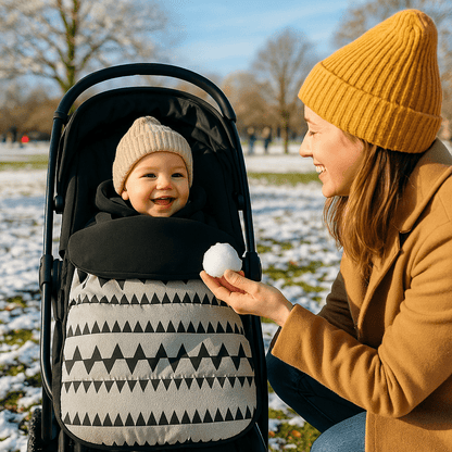 bébé éveillé dans chanceliere bebe | polar - cozy dans poussette avec maman au parc joue avec bébé dans la neige