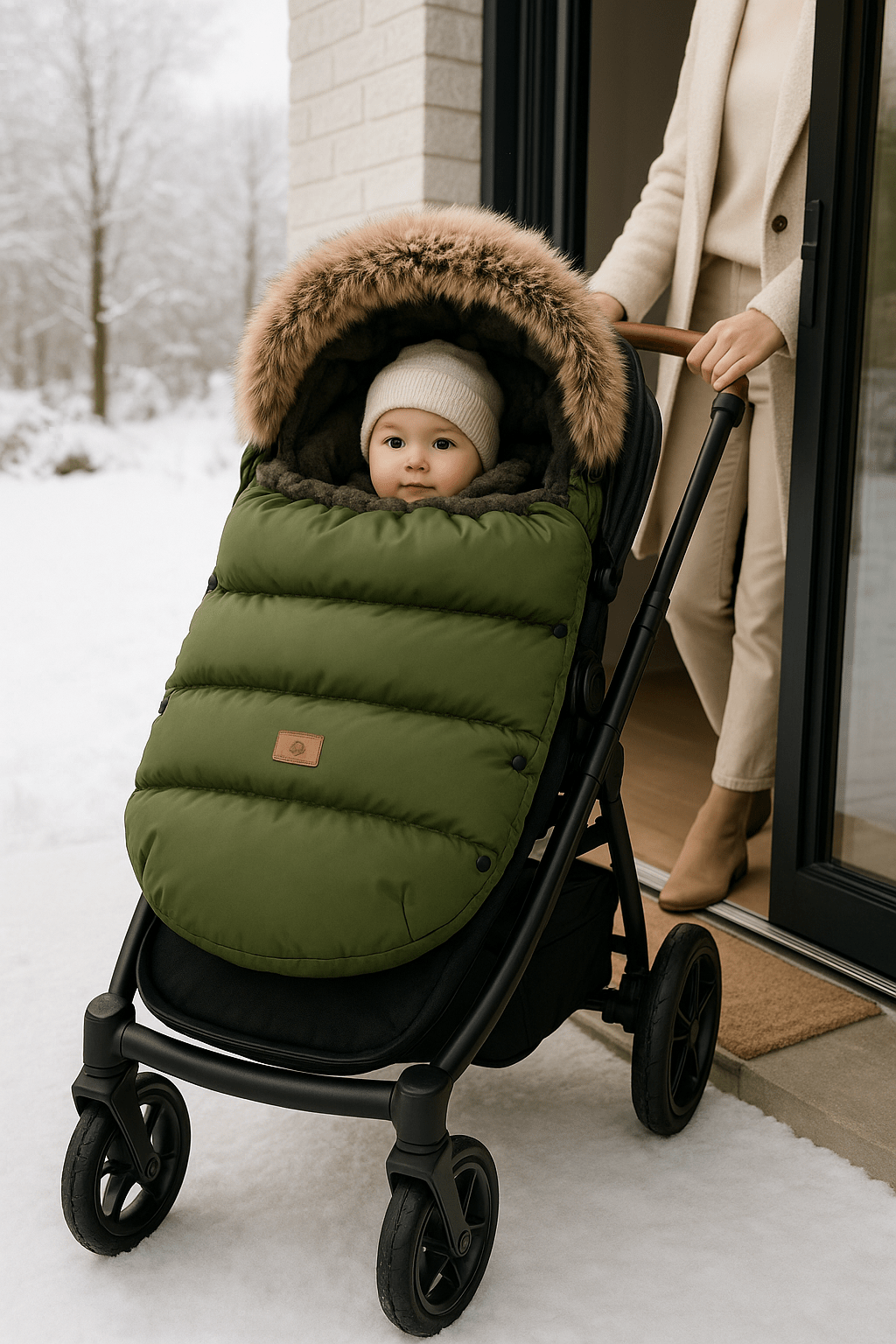 bébé éveillé dans la chancelière poussette thermococon avec maman qui sort de la maison en poussant la poussette