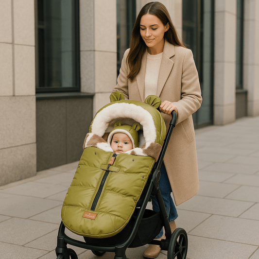 bébé éveillé poussette chancelière  thermococon universel  au poussette avec maman qui pousse la poussette marchant dans la ville