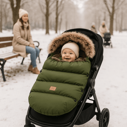 bébé souriant dans la chancelière poussette thermococon au parc avec maman 