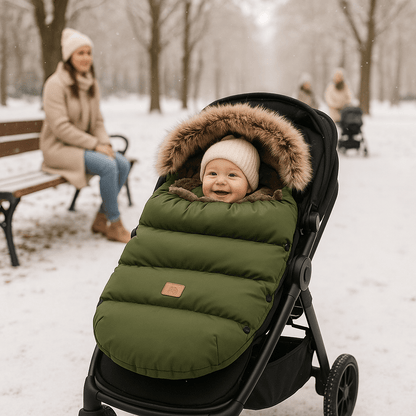 bébé souriant dans la chancelière poussette thermococon au parc avec maman assise au banc pendant l'hiver
