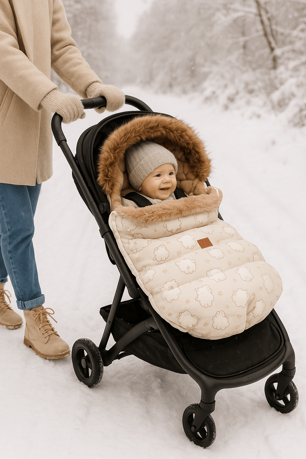 bébé souriant dans la chanceliere poussette grand froid avec maman 