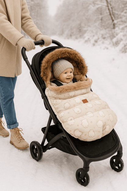 bébé souriant dans la chanceliere poussette grand froid avec maman 