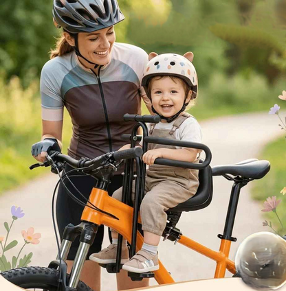 bébé sur porte bebe velo devant babysécur au bois avec maman
