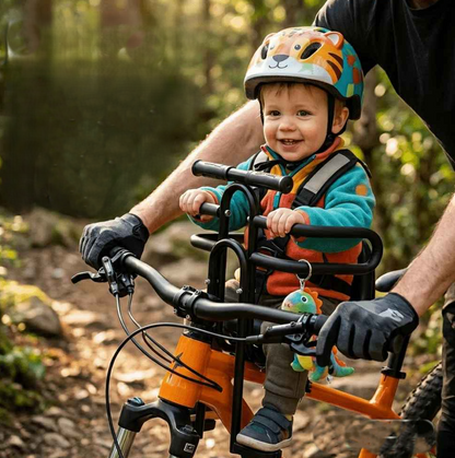 bébé sur porte bebe velo devant babysécur au bois avec papa