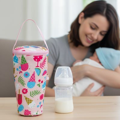 biberon et porte biberon nomad sur la table à coté de maman et bébé