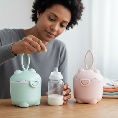boite doseuse biberon étanche différentes couleurs sur la table 