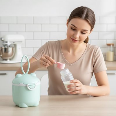 boite doseuse biberon étanche sur la table avec maman 