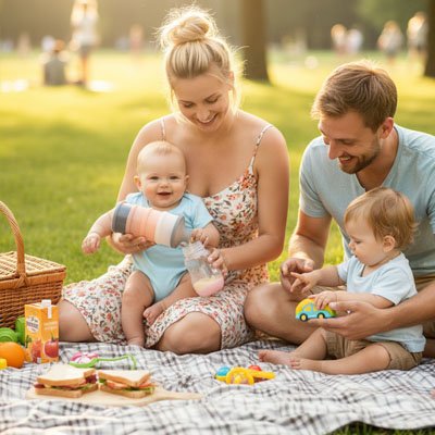 boite doseuse lait bébé joli avec bébés et famille au parc