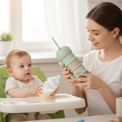 boite doseuse lait bébé portable et biberon dans la cuisine avec maman et bébé