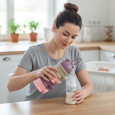 boite doseuse lait bébé portable et biberon sur la table avec maman