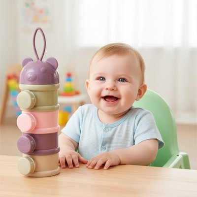 boite doseuse lait bébé portable sur la table avec bébé