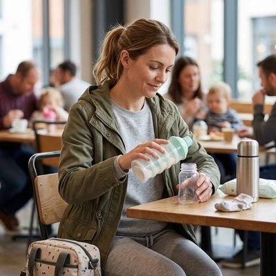 Boite doseuse lait hermétique avec biberon sur la table au restaurant