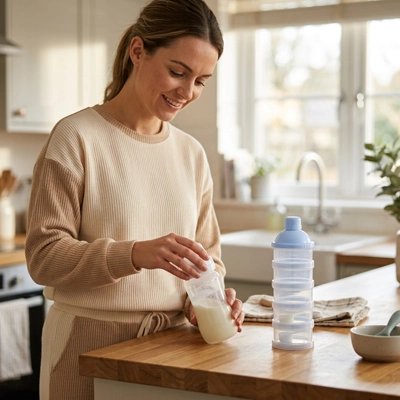 Boite doseuse lait hermétique sur la table de cuisine avec maman