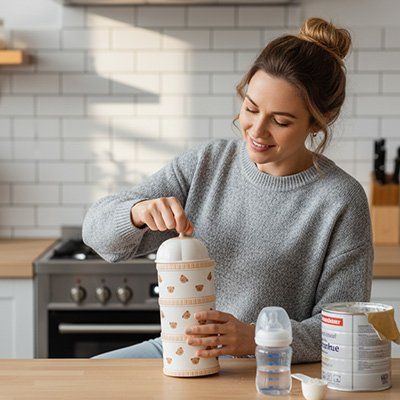 boite doseuse lait pratique avec maman dans la cuisine