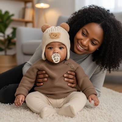 bonnet bebe douceur protectrice avec bébé et maman sur le tapis