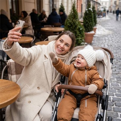bonnet bebe ultra-doux avec bébé dans la poussette avec maman