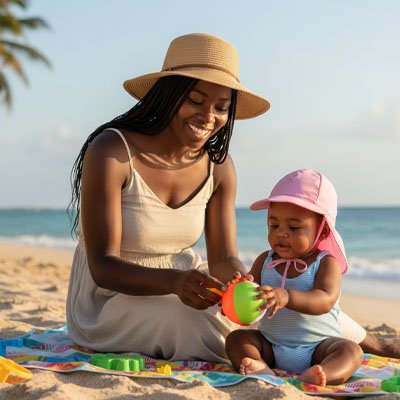casquette pour bébé soft avec bébé et maman sur la plage