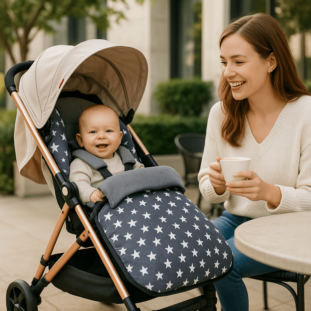 chanceliere bebe cozywarm avec bébé dans la poussette avec maman