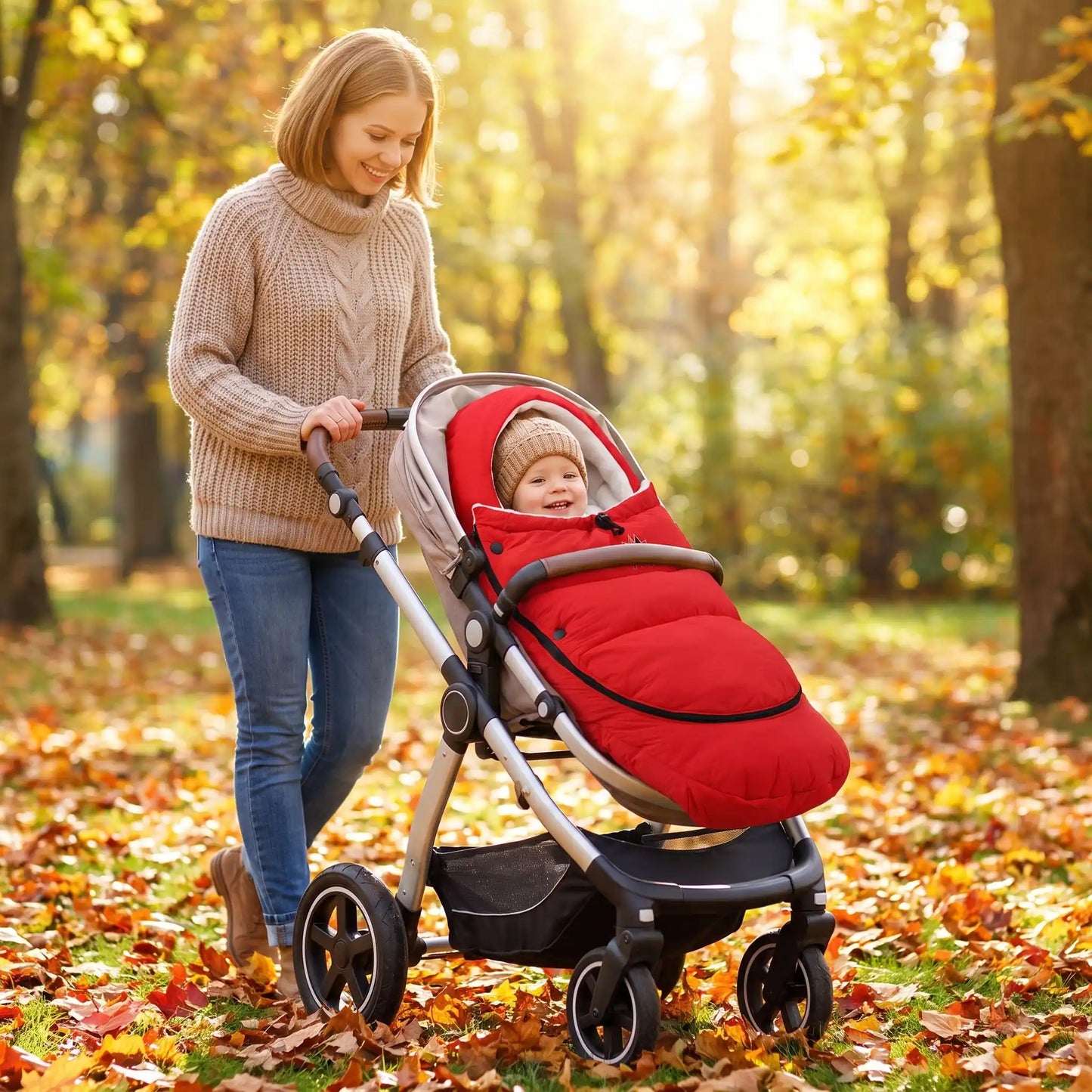 chanceliere bebe hiver polaire douce avec bébé au parc avec maman