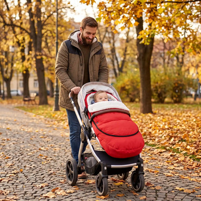 chanceliere bebe hiver polaire douce avec bébé au parc avec papa