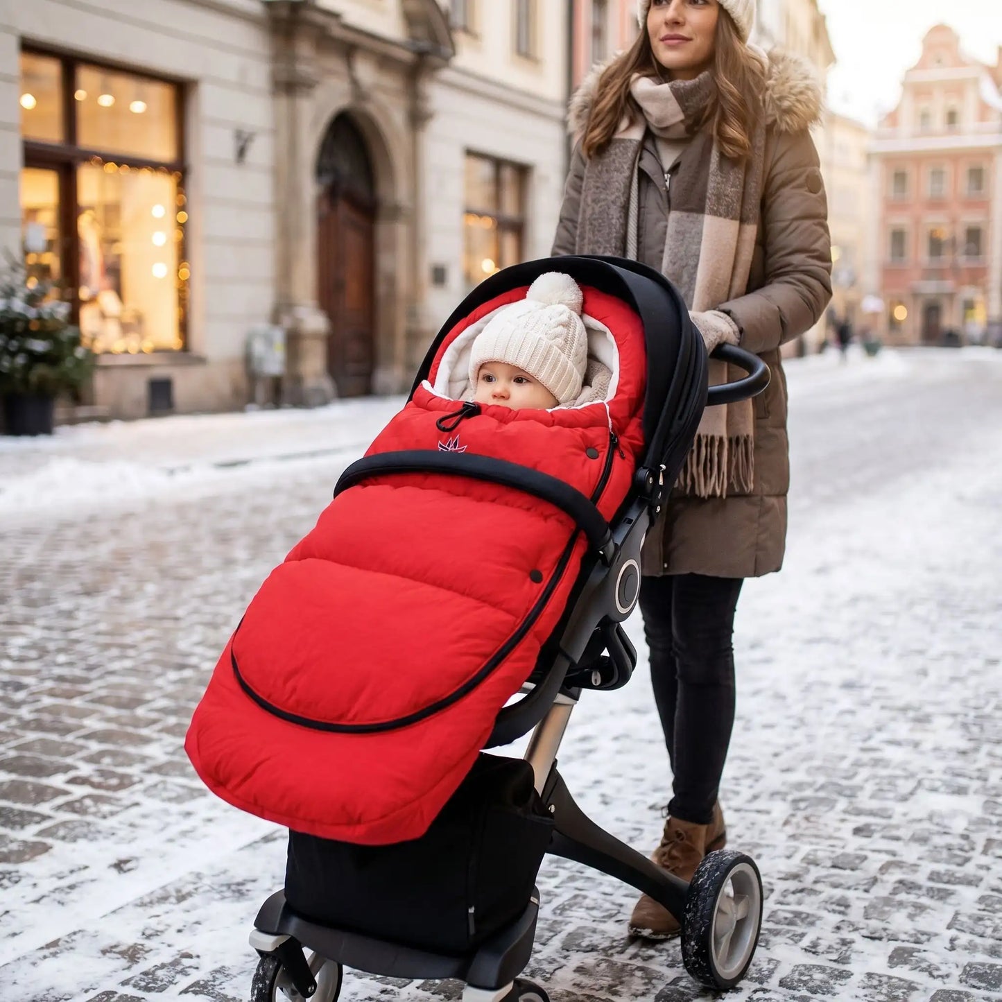chanceliere bebe hiver polaire douce avec bébé en ville avec maman 