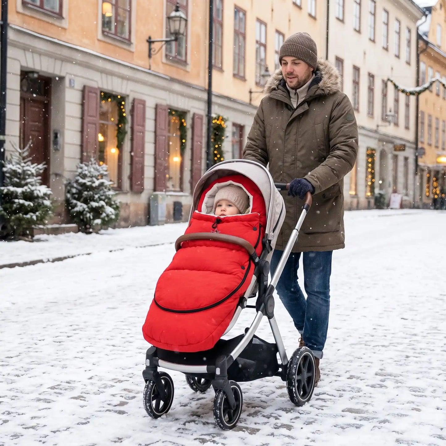 chanceliere bebe hiver polaire douce avec bébé en ville avec papa