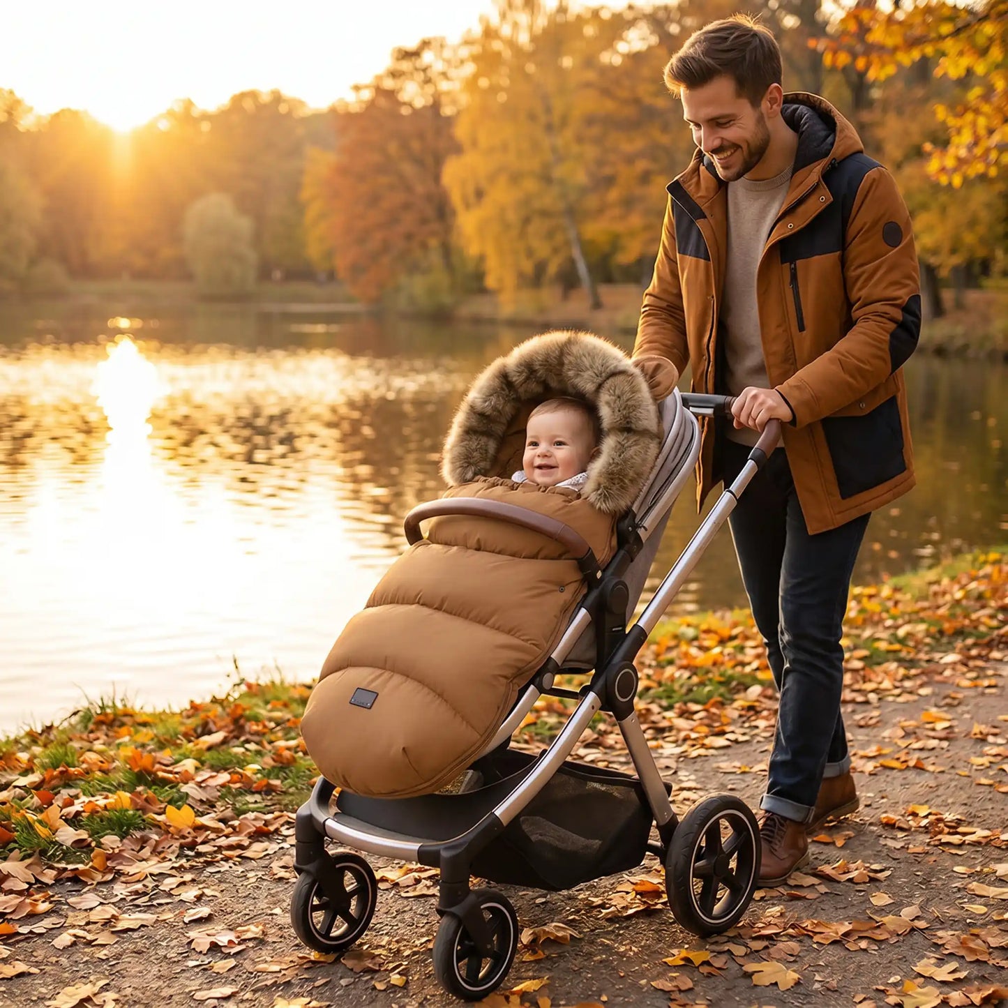 chanceliere bien chaude softhiver avec bébé au bord d'eau avec papa