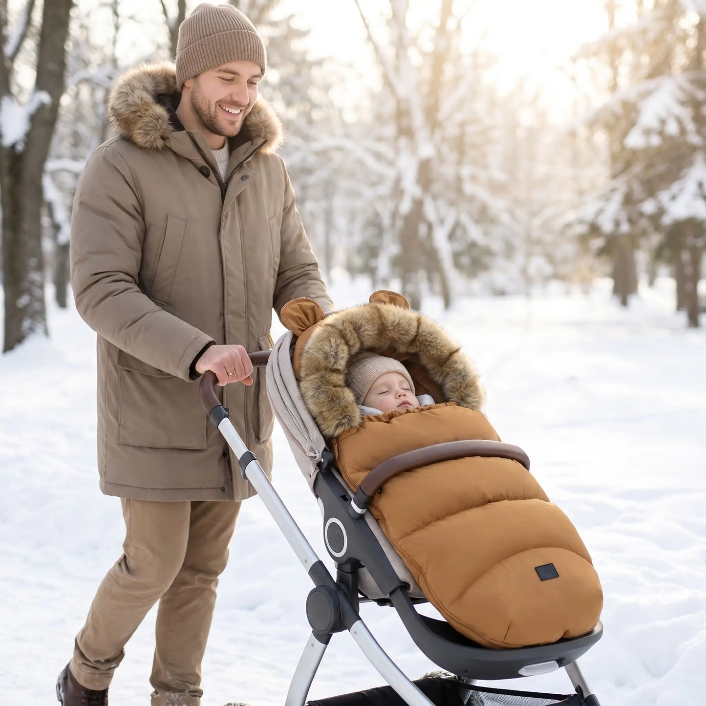 chanceliere bien chaude softhiver avec bébé au parc avec papa